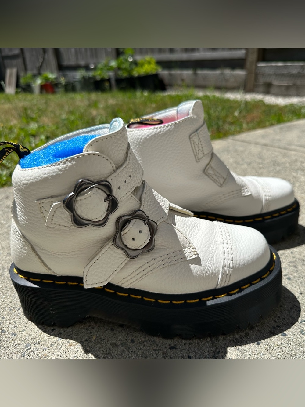 Dr. Martens White Leather Ankle Boots with Flower Buckle Straps